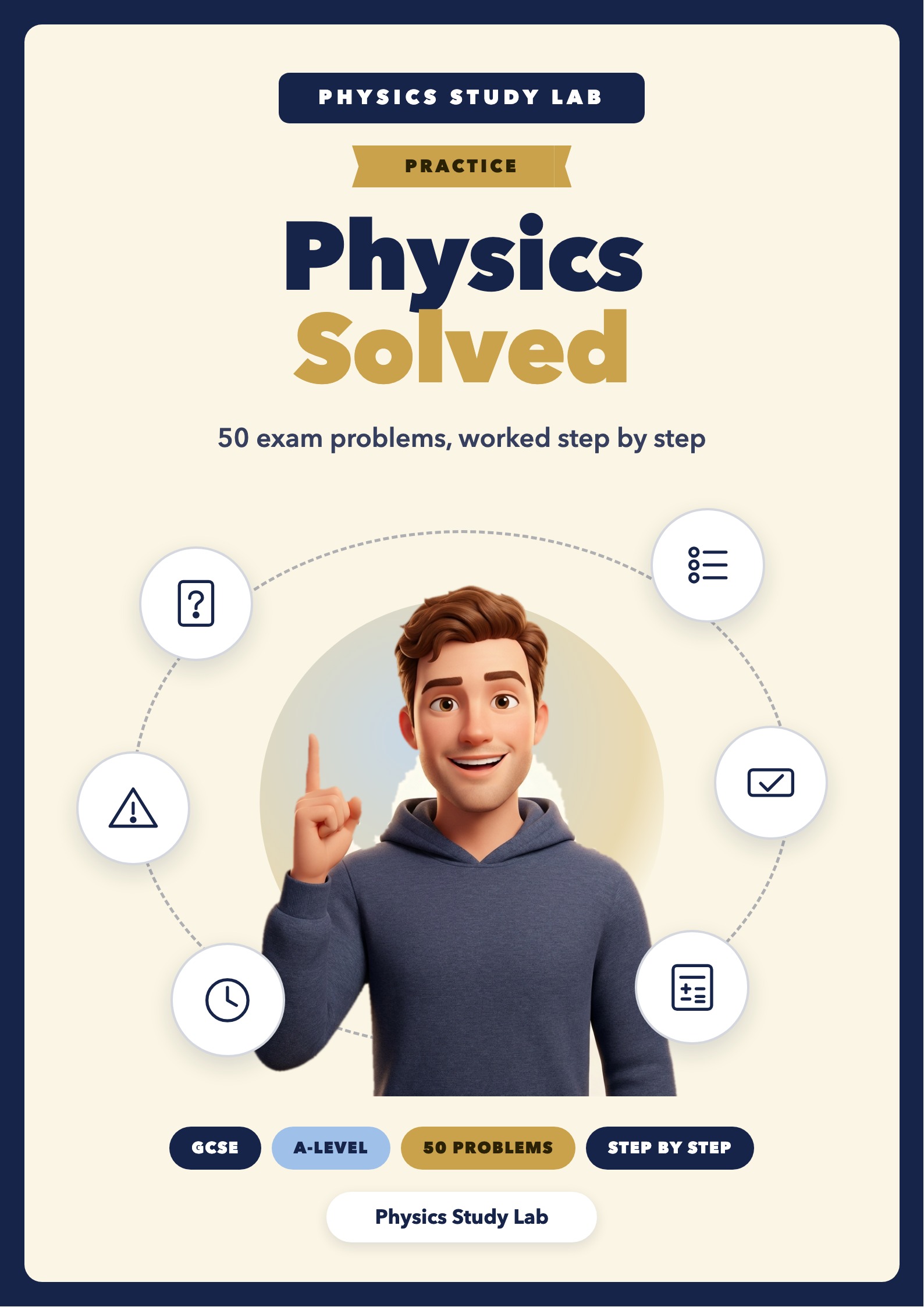 Physics Solved — 50 exam problems, worked step by step (GCSE / A-Level)